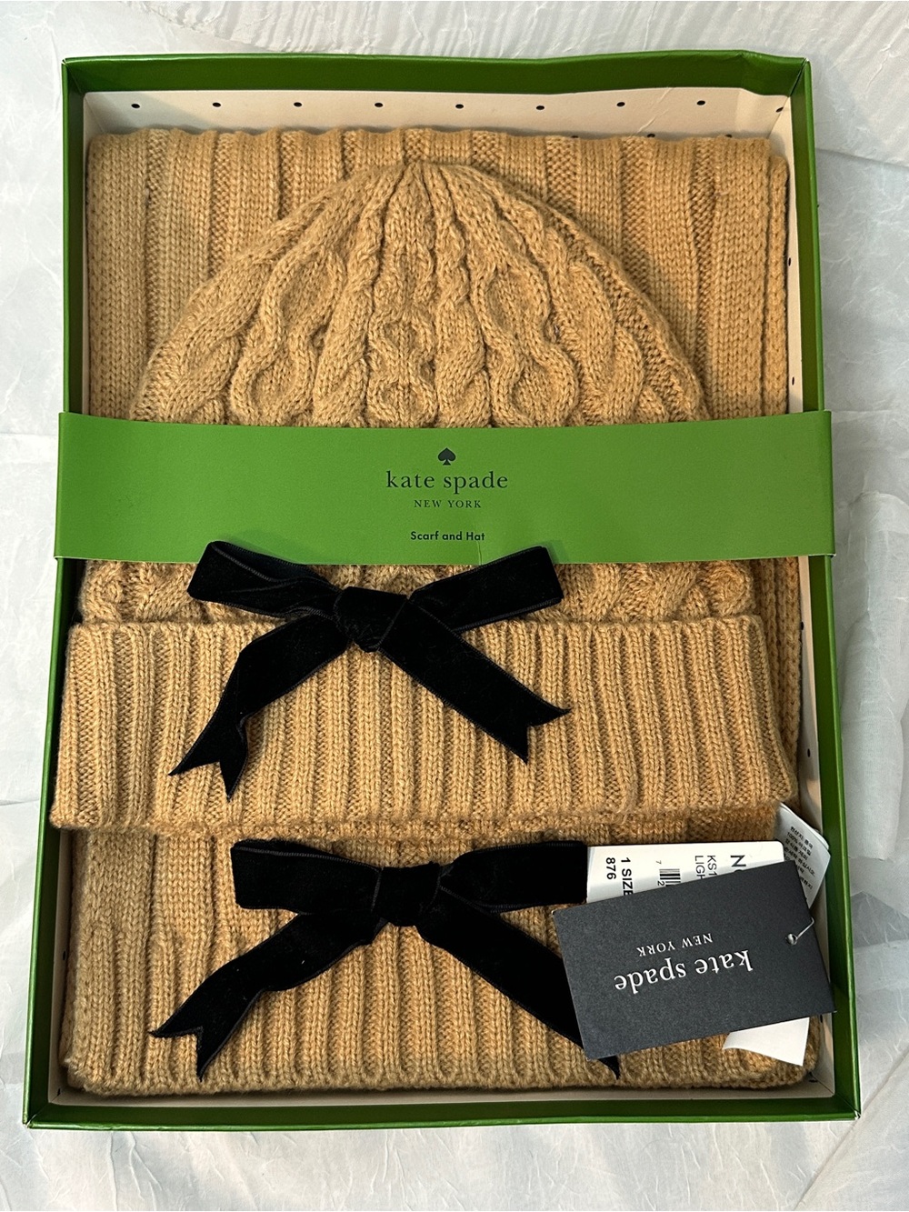 Kate Spade Hat and Scarf Set camel with black bows